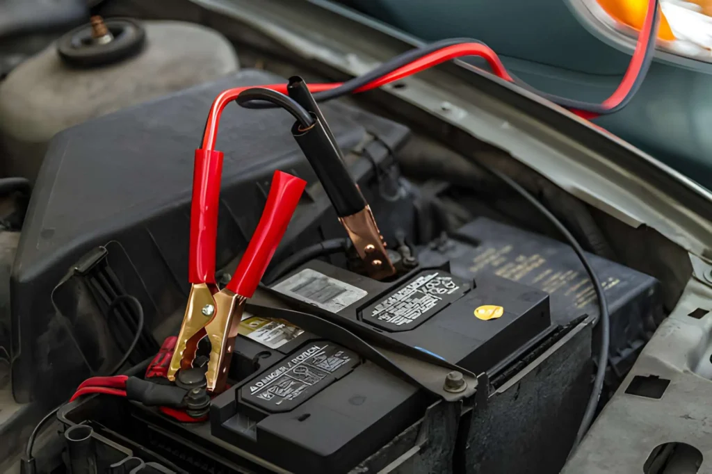 Heavy-duty cables connected to a car battery for a professional jump start in Kearsley.